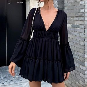 Mrs. Ord Mini Dress. Deep V Neck Tiered Ruffle. Flounce sleeve. Black Size M NWT